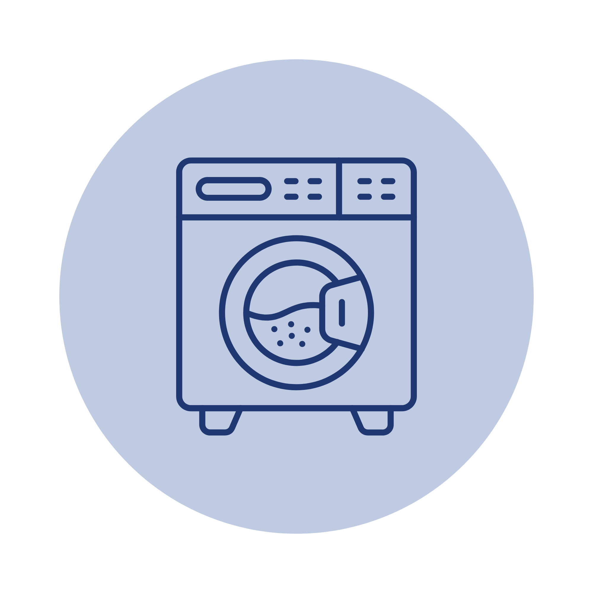 A line-art icon of a washing machine on a soft blue circular background, representing that the Dream Sleep pillowcase is fully machine washable on a gentle cycle.