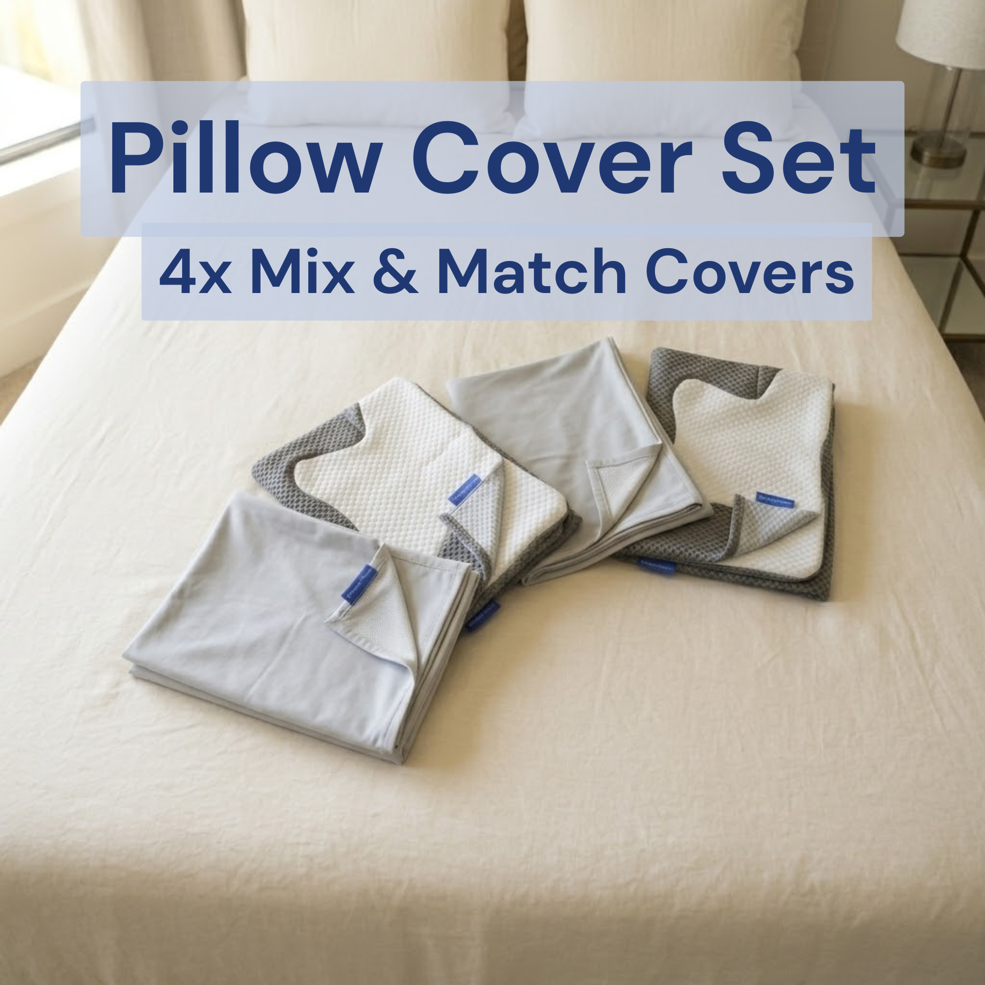 Close-up of four Posture replacement pillow covers folded on a bed, featuring smooth and textured waffle-knit styles.