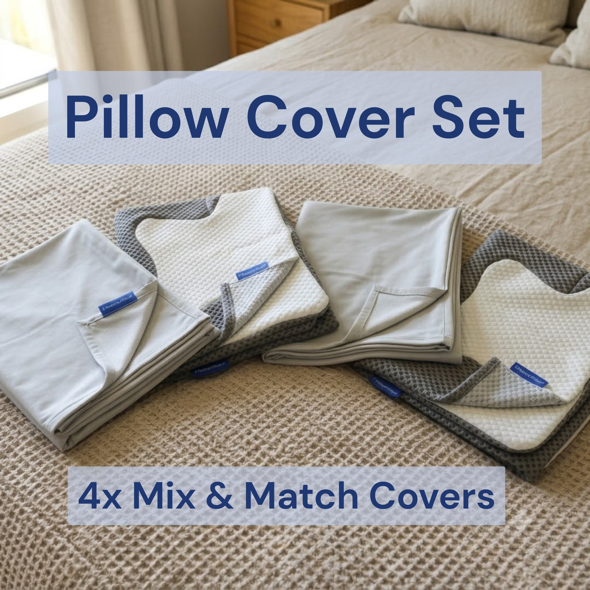 Four Posture pillow covers on a bed, including smooth grey and textured white-and-grey mix-and-match covers.