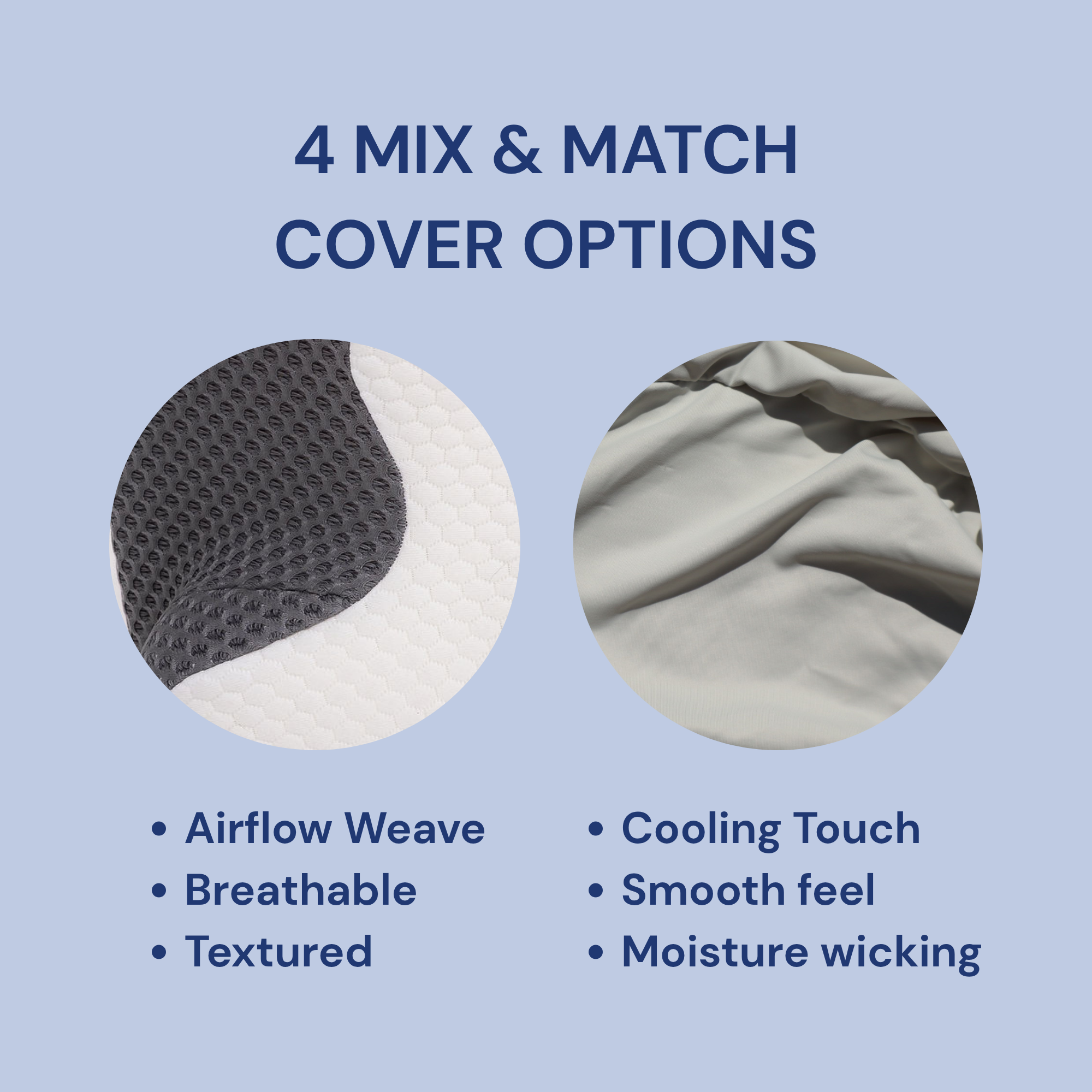 Infographic showing two fabric options for memory foam pillows: a breathable textured Airflow Weave and a smooth cooling Arctic Silver fabric designed for moisture-wicking comfort.