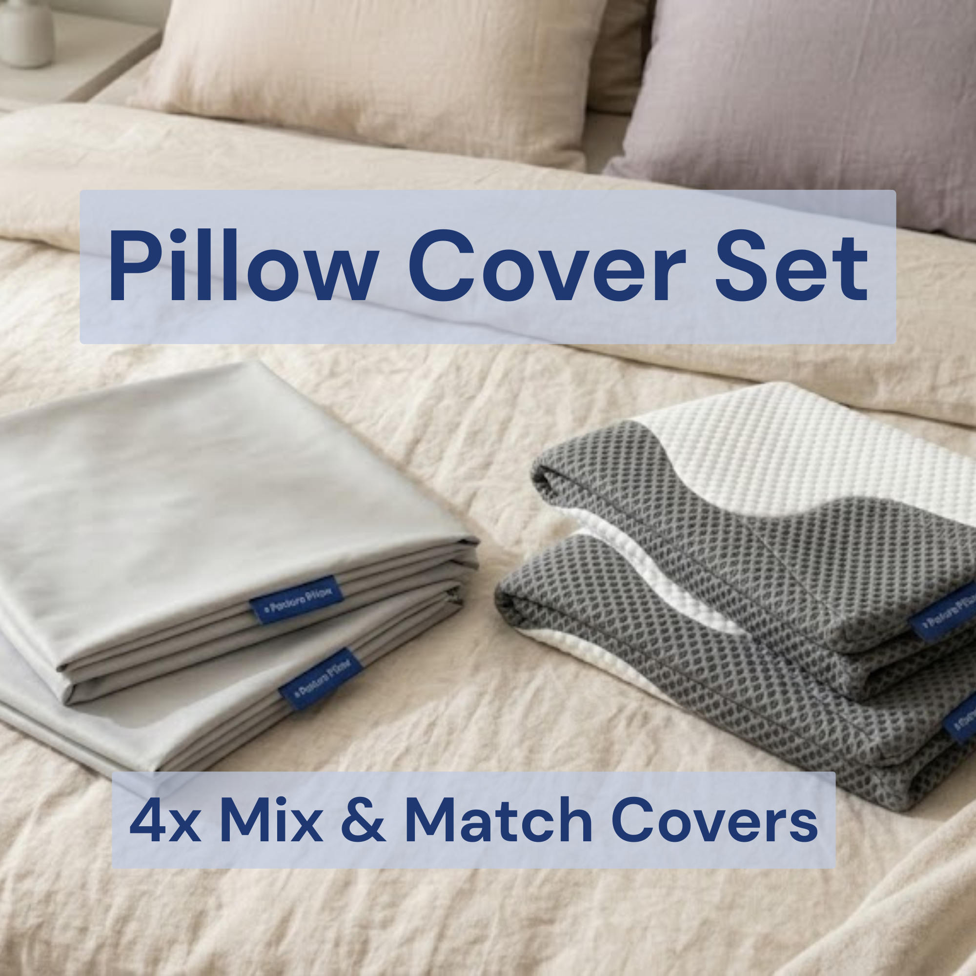 Set of 4Posture mix-and-match grey and white breathable ergonomic memory foam pillow covers, designed for side sleepers and orthopaedic neck alignment