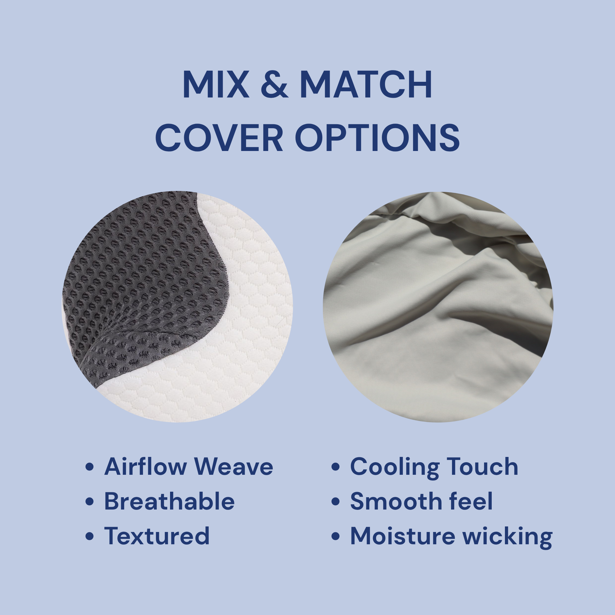 Infographic highlighting the two fabric choices for our Twin Pillow Set: a breathable, textured Airflow Weave and a smooth, moisture-wicking Cooling Touch fabric for personalised comfort.